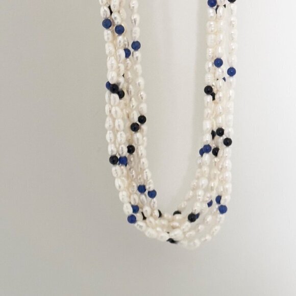 Vintage 14k Yellow Gold Pearl 6 Row Multi Strand Onyx Lapis Statement Necklace - Picture 6 of 14